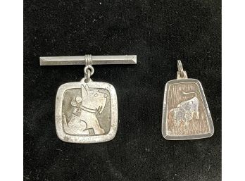 Set Of 2 Sterling Silver Etched Jewelry Pieces - Scottie Dog Pin, Bull Pendant, Both Marked. 11.3 Grams.