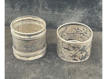 2 Sterling Silver Antique Napkin Rings -  Etched Bird And Flowers,  Etched Cartouche - Oldies 25.7 Grams