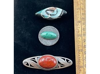 3 Vintage Pins, No Marks, One Sterling, Ceramic, Carnelian, Blue Semi-precious, Free Ship, 120 Lots, Snowhill