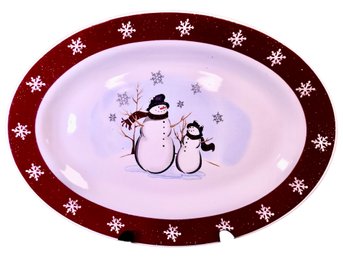 Large Oval Serving Plate Decorative Snowmen Themed Royal Seasons Stonewear