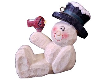 Lounging Snowman Carved Wood Holding Cardinal With Ornament Hanger Loop