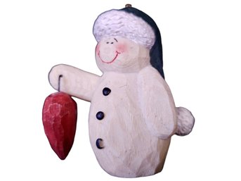 Snowman Carved Wood And Painted Holding Large Heart Ornament
