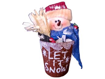 Snowman Holding Broom 'let It Snow' Labeled Bucket