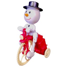 Snowman Riding Old Timey Bicycle Wind Up Spring Powered Toy
