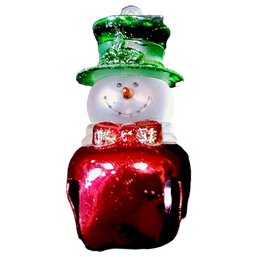 Vintage Glass Snowman Ornament Green Hat And Red Bell