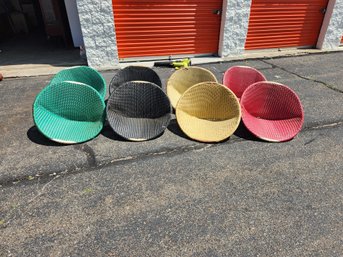 Vintage Antique Multicolor Wicker Woven Wood Outdoor Saucer Circle Chairs Red Green Yellow Black