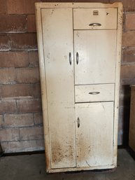 Large White Metal Supply Closet Kitchen Pantry Two Drawers 3 Cabinets Painted White Vintage Antique