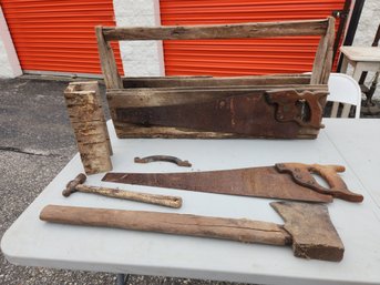 Lot Of Vintage Wooden Toolbox And Antique Tools Saws Hatchet Axe