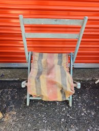 Vintage Antique Blue Painted Wood Folding Beach Chair Canvas Striped Seat