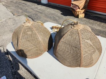Lot Of Two Vintage Antique Woven Wood Cane Wicker Lamp Shade Covers
