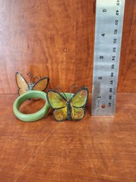 Lot Of Two Green Painted Wood Butterfly Napkin Rings