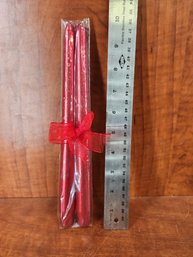 Pair Of Two Sparkly Glittery Red Candles In Plastic Wrapped With Bow