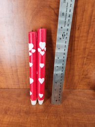 Pair Of Red And White Large Decorative Wax Candles Hearts Valentine's Day