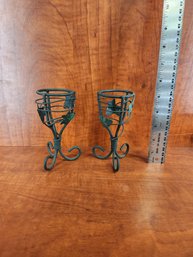 Pair Of Ivy Green Painted Steel Candle Holders