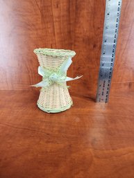 Woven Wood Cane Wicker Candle Holder Decor Green Ribbon Rose Silver Accents