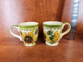 Pair Of Hand Painted Ceramic Coffee Tea Mugs Sunflower Theme