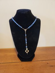 Blue Beaded Necklace Silver Chain Gold Plated Crown Pendant