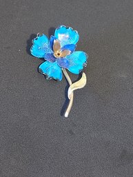 Gold Plated Blue Hand Painted Floral Brooch Broach Pin Vintage