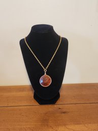 Vintage Gold Plated Chain Necklace With Large Orange Crystal Stone Pendant