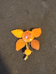 Carved Amber Flower With Orange Gem Stone Crystal Pin Brooch Broach Gold Plated