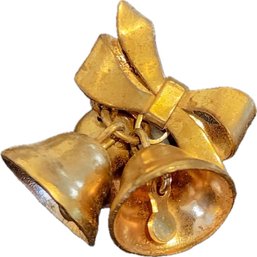 Brass Jingle Bells And Ribbon Brooch Pin Broach
