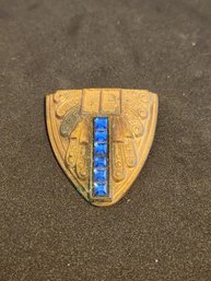 Bronze Shield With 6 Blue Rhinestones Crystal Gemstoones Patina Brooch Pin Clip On Broach