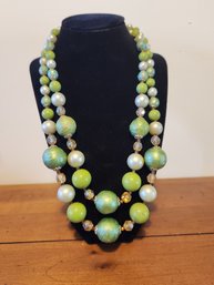 Vintage Double Strand Green Beaded Necklace With Large Faux Pearls And Pale Yellow Crystal Gemstones