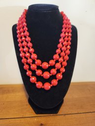 Vintage Bakelite Cherry Red Triple Strand Beaded Necklace Silver Clasps