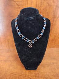 Blue Purple Crystal Bead Necklace Silver Colored Chain