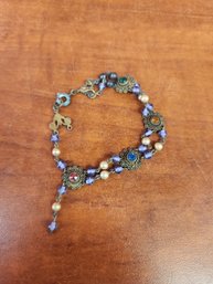 Vintage Bronze Bead 4 Colored Gem Bracelet Green Orange Blue Pink Crystal Stones