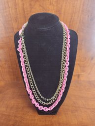 Vintage Three Strand Necklace Two Gold Plated Chains And Dark And Light Pink Bakelite With Hot Pink Pendant