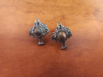 Two Antique Silver Colored Metal Amber Stone Floral Bouquet Earrings Snap Clip On
