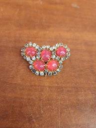 Gold Plated Vintage Brooch With 5 Red Cloudy Crystal Gemstones And Rhinestones Pin Broach