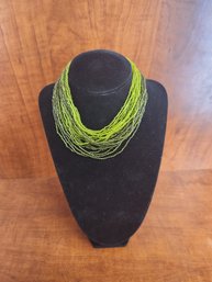 Multistrand Dark Green And Lime Green Glass Bead Women's Necklace With Silver Clasps