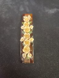Carved Enamel White Roses On Amber Colored Barette Vintage Antique Hair Pin Clip