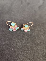 Vintage Enamel Gold Plated Hoop Earrings Pink Rhinestone Flower Floral Design