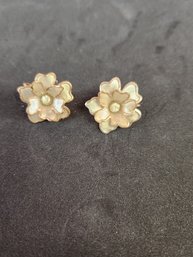 Pair Of Antique Gold Plated Mother Of Pearl And Rhinestone Flower Floral Earrings