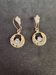 Pair Of Vintage Gold Plated Pale Blue Rhinestone Dangle Drop Earrings