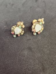 Screw Back Gold And Silver Plated Diamonte Opalite Pearl Green Yellow White And Pink Rhinestone Earrings
