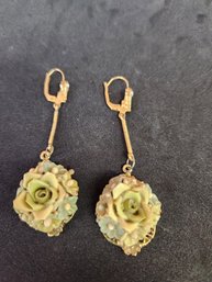 Antique Gold Plated Hand Carved Enamel Green Rose Dangle Drop Earrings With Rhinestones