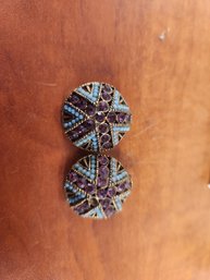 Pair Of Amethyst Rhinestone Blue Opalescent Stone Gold Plated Snap Clip On Earrings