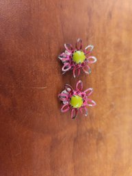 Antique Austrian Clip Snap On Earrings Pink Yellow Flower Floral Painted Opalescent Gem Cut Stone