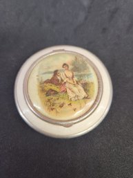 Antique Courting Couple Victorian Painting Powder Mirror Makeup