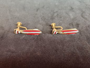 Vintage Gold Plated Red White Enamel Striped Neck Tie Screw Back Earrings Signed Alice