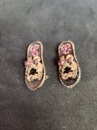 Pair Of Vintage Silver Plated Enamel Pained Flower Floral Pink Rhinestone Flipflop Sandal Chancla Pin Brooch