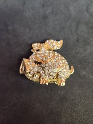 Gold Plated Rhinestone Covered Winking Pig With Bow Locket Brooch Pendant