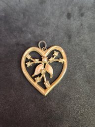 Gold Plated Pink Enamel Painted Heart Necklace Pendant Rhinestones And Pearl Flower Floral