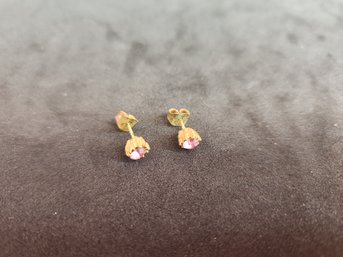 Brass Vintage Stud Earrings With Pink Rhinestones Crystal Gemstones