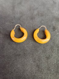 Pair Of Vintage Amber Swirl Bakelite Hoop Loop Earrings
