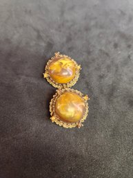 Brass Antique Clip On Earrings Orange Crystal Gematones And Swirled Amber Center Round Stone